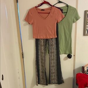 Rainbow Black, Cream and Pink Patterned Wide-Leg Pants with TWO V-Neck T-Shirts